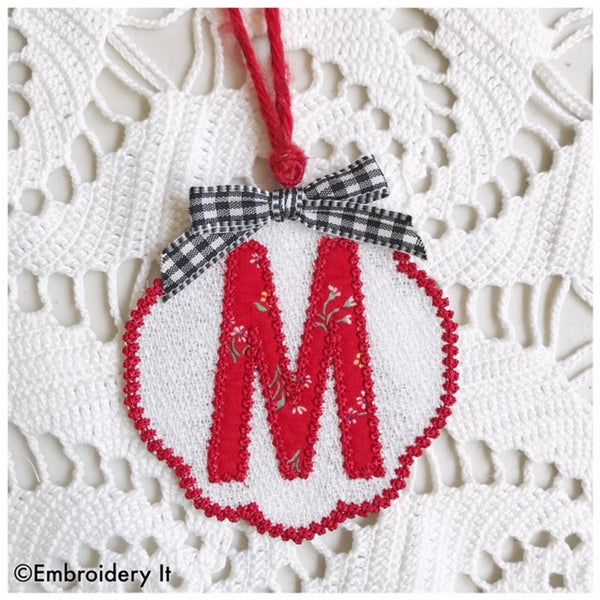 Free standing lace gift tag with applique monogram letter M