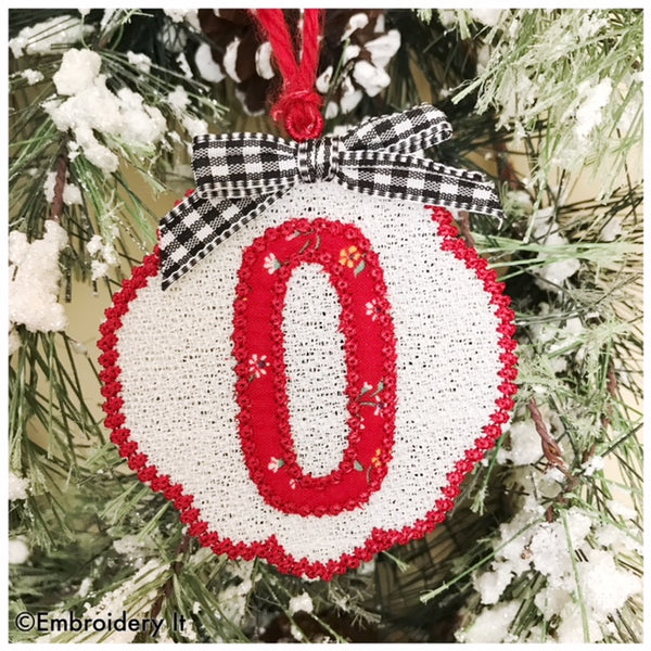 Applique monogram Christmas ornament or gift tag free standing lace design