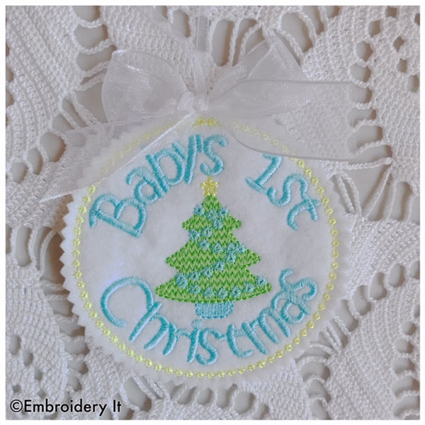 Baby's first Christmas in the hoop gift tag machine embroidery design
