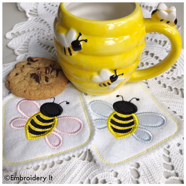 machine embroidery in the hoop bee coaster pattern