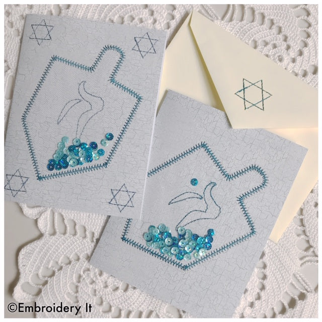 Machine embroidery dreidel Hanukkah shaker card