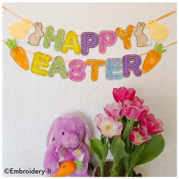 machine embroidery in the hoop Easter designs, banner bunny, banner chick and banner carrot