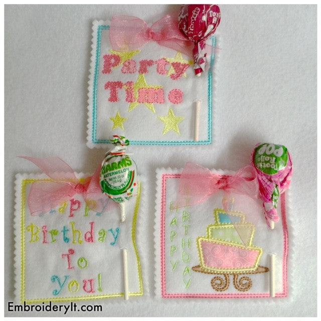 Birthday lollipop holder machine embroidery in the hoop designs