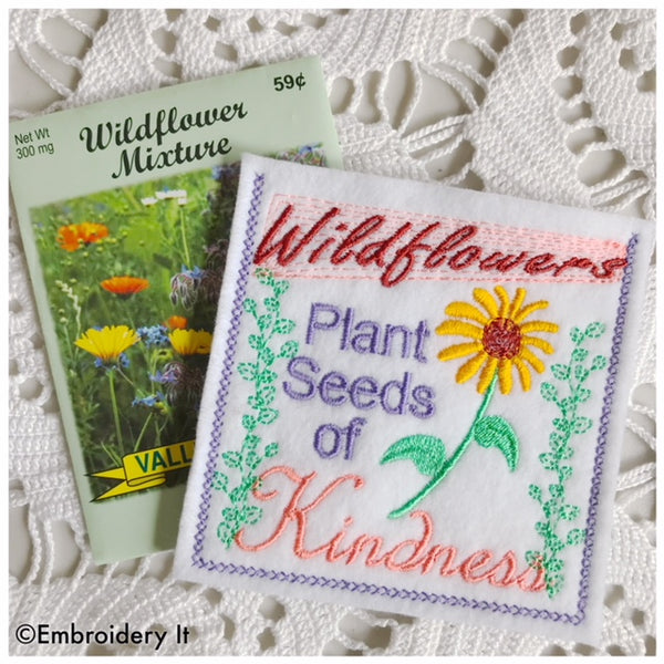 Machine embroidery kindness in the hoop seed packet pocket