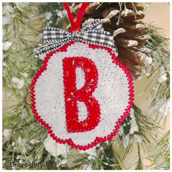 Applique monogram free standing lace Christmas tag
