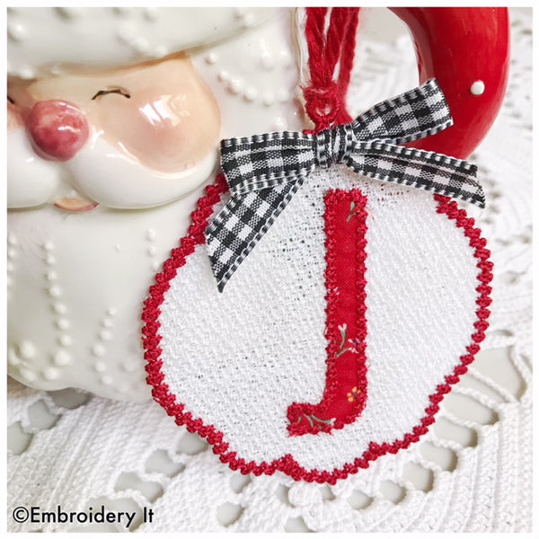 Letter J Free standing lace machine embroidery Christmas ornament