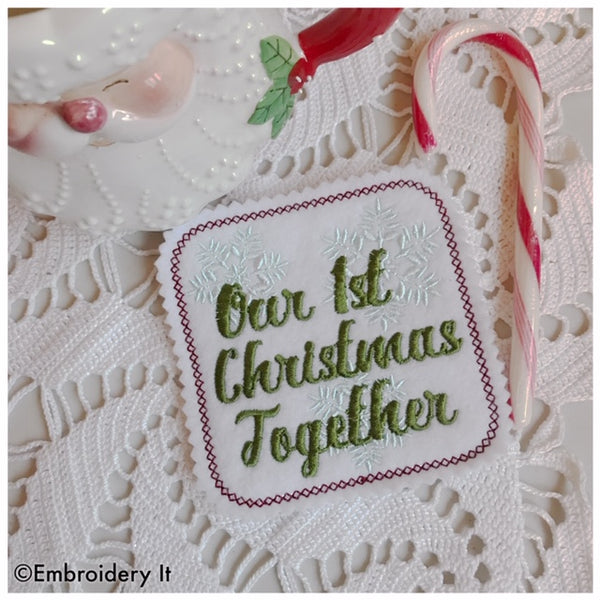in the hoop machine embroidery design our first Christmas together coaster
