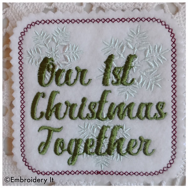 Machine embroidery coaster and gift tag in the hoop our first Christmas together
