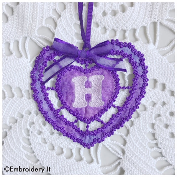 machine embroidery alphabet cutwork knobby heart letter H