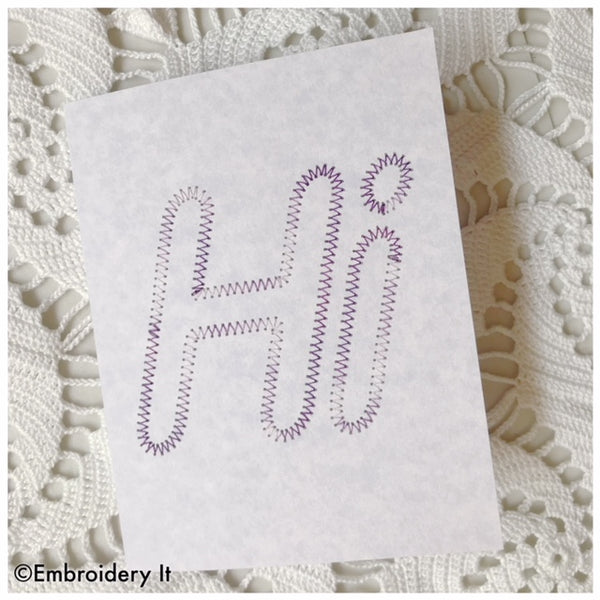 Hi card made by the embroidery machine stitching on paper