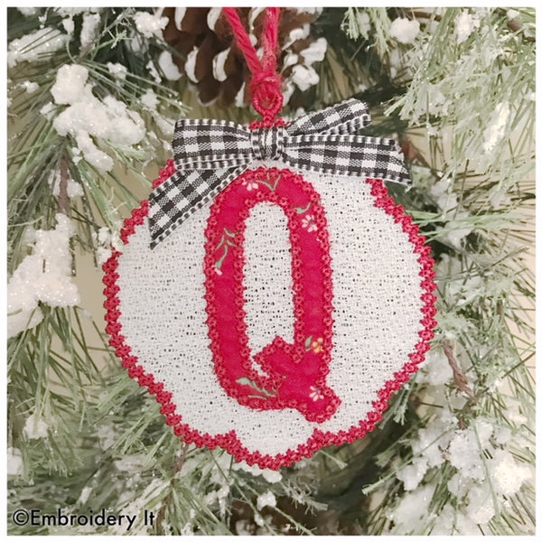 Applique monogram gift tag and Christmas ornament with Free standing lace design