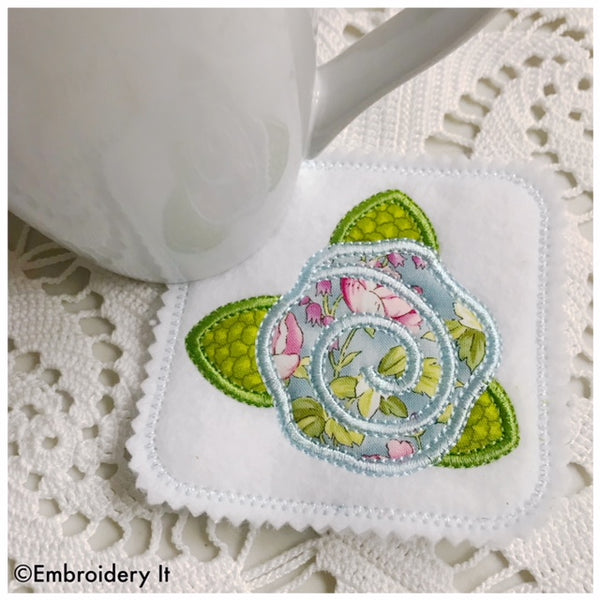 machine embroidery flower coaster design with applique