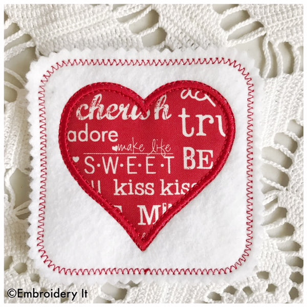 machine embroidery applique heart coaster or tag