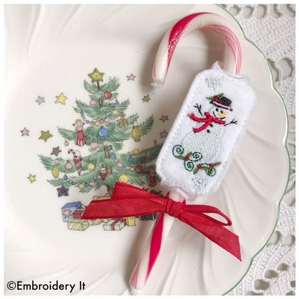 candy cane snowman candy holder in the hoop embroidery pattern