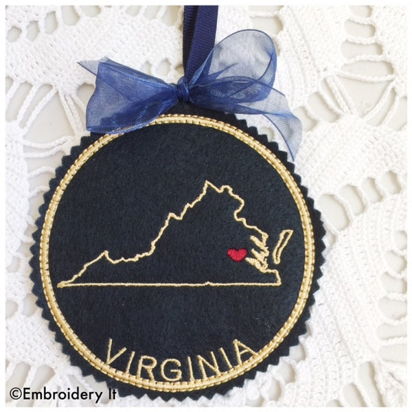 Virginia machine embroidery in the hoop Christmas ornament pattern