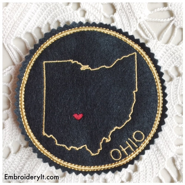 Ohio machine embroidery in the hoop coaster pattern