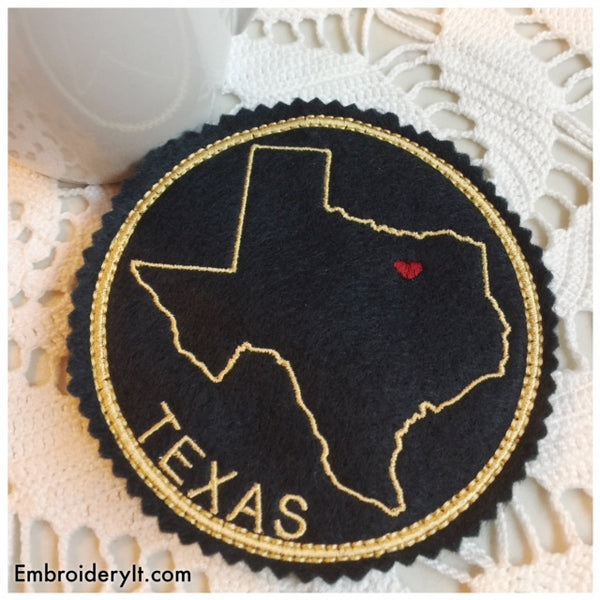 in the hoop machine embroidery Texas Coaster design