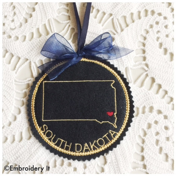 Machine embroidery South Dakota Christmas ornament in the hoop design