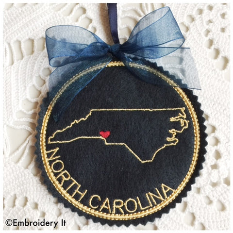 North Carolina in the hoop machine embroidery Christmas ornament design