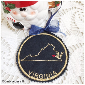 Machine Embroidery Virginia in the hoop Christmas ornament
