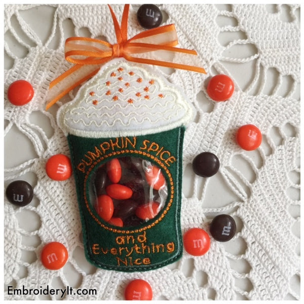 Pumpkin spice latte machine embroidery candy holder design