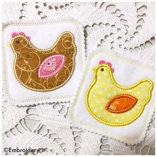 applique coaster in the hoop chicken machine embroidery design