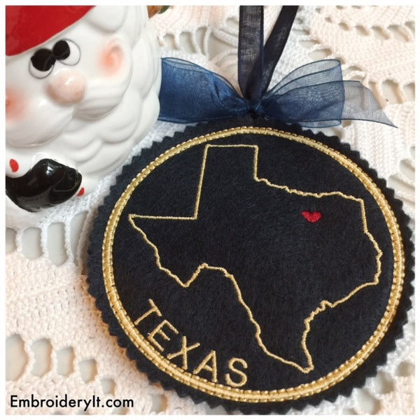 Texas Christmas ornament in the hoop machine embroidery pattern