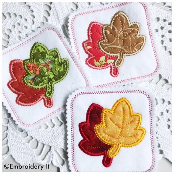 Maple leaf machine embroidery coaster design using applique