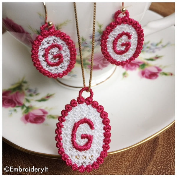 Free Standing lace necklace and earrings made by machine embroidery