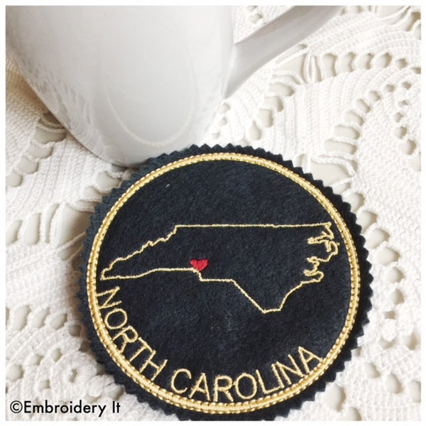 Machine embroidery North Carolina in the hoop coaster pattern