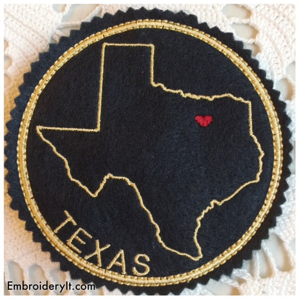 machine embroidery in the hoop Texas coaster pattern