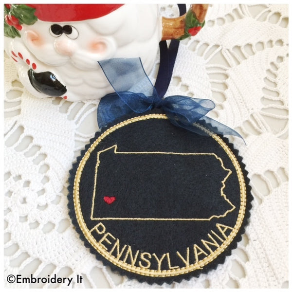 Christmas ornament Pennsylvania in the hoop machine embroidery pattern
