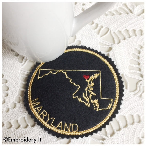 Machine embroidery Maryland coaster