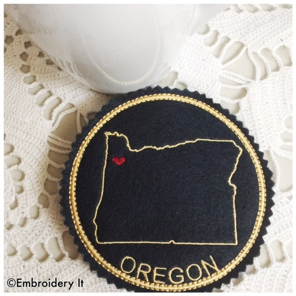 Oregon coaster machine embroidery in the hoop design