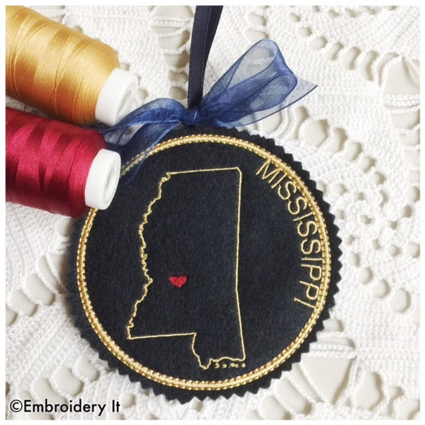 In the hoop machine embroidery Mississippi ornament