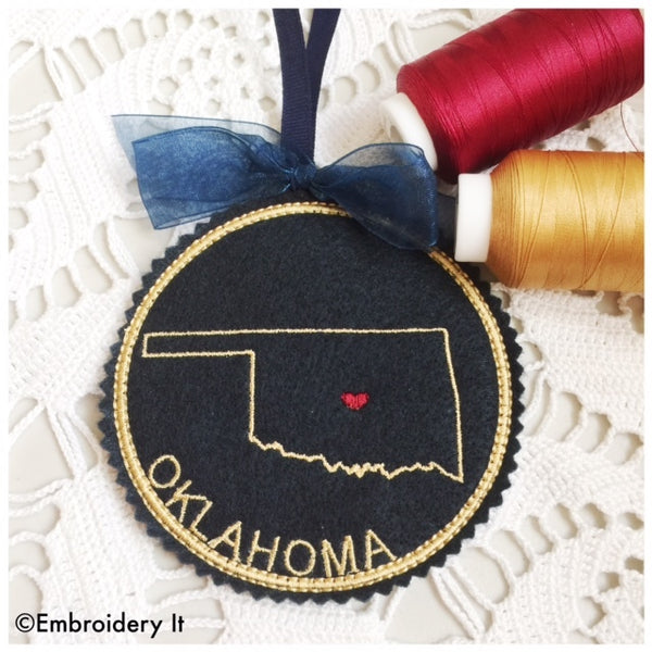 machine embroidery in the hoop Oklahoma Christmas ornament