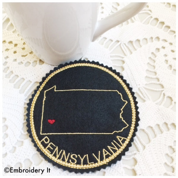 Machine embroidery in the hoop Pennsylvania coaster