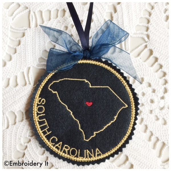 Machine embroidery South Carolina in the hoop Christmas ornament 