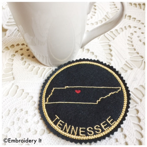Tennessee in the hoop machine embroidery coaster pattern