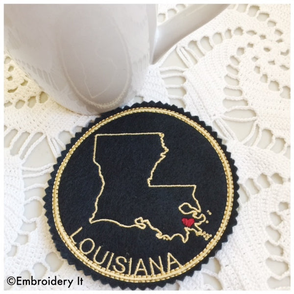 Machine embroidery Louisiana coaster