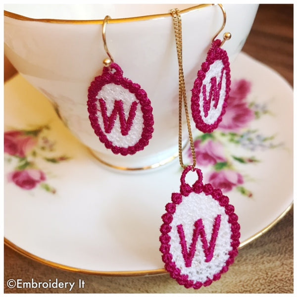 machine embroidery free standing alphabet lace jewelry