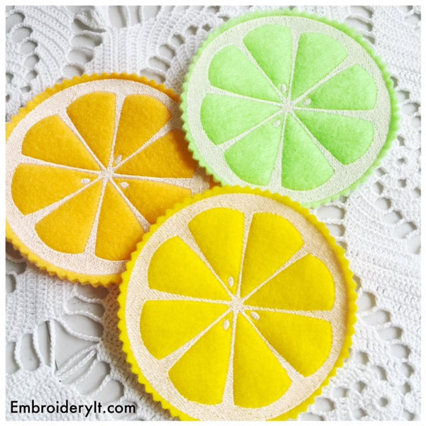 machine embroidery citrus coasters