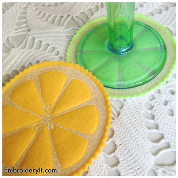 felt citrus coasters stitched on the embroidery machine