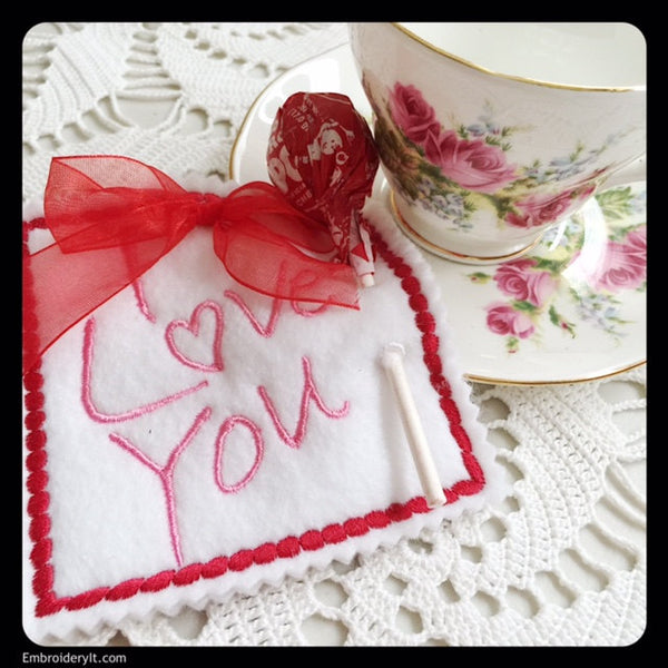 I love you valentine's day lollipop holder machine embroidery pattern